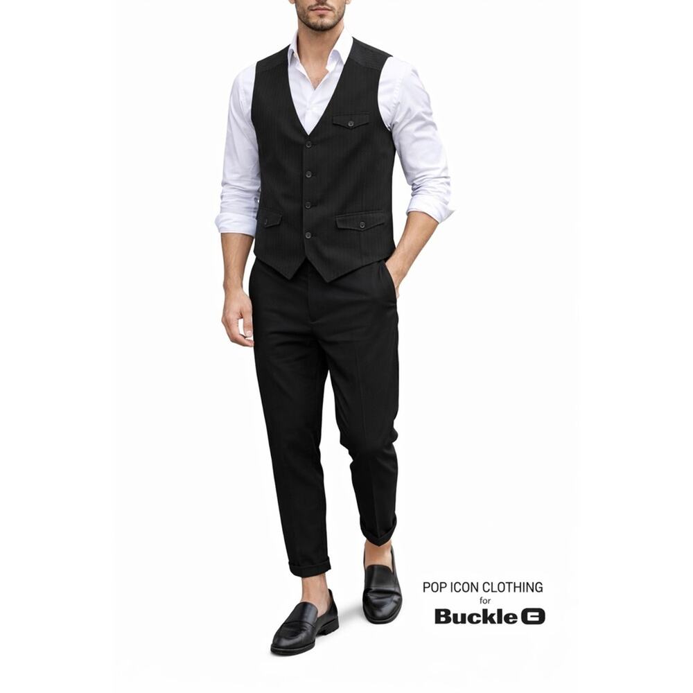 Pop Icon Clothing Black Pinstripe Vest Mens Plaid‎ Lined V-Neck Button Front xl